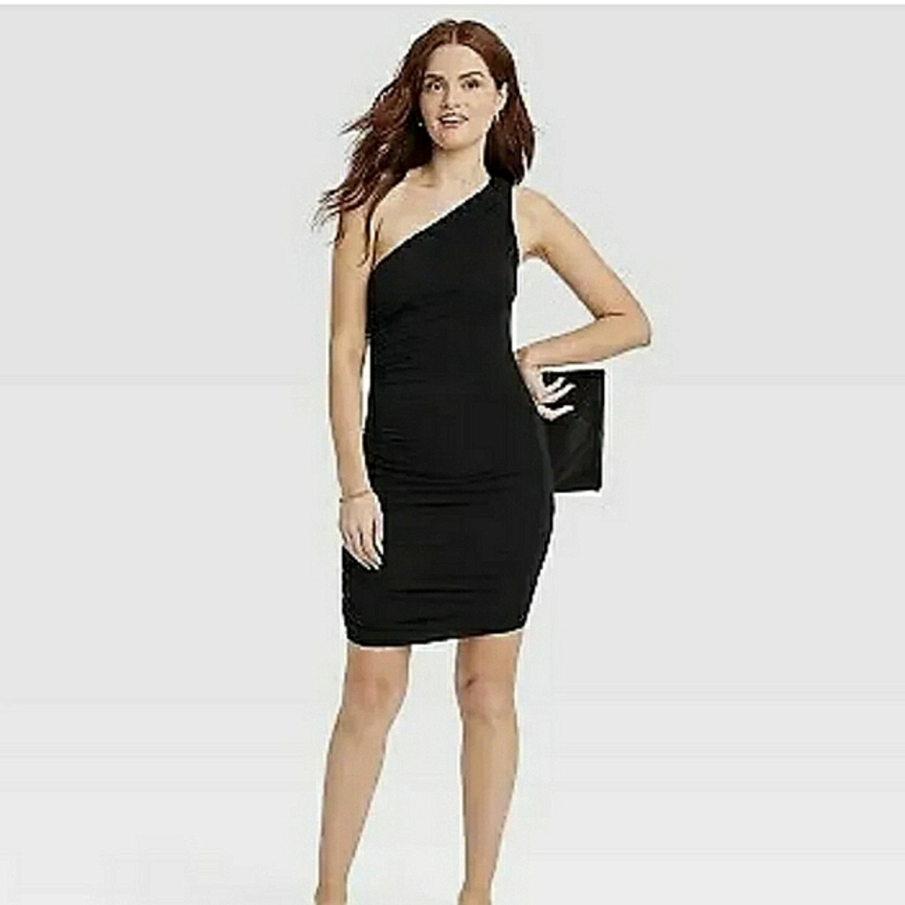 A NEW DAY BLACK RUCHED ONE SHOULDER BODYCON DRESS NWT SIZE L - Picture 2 of 10